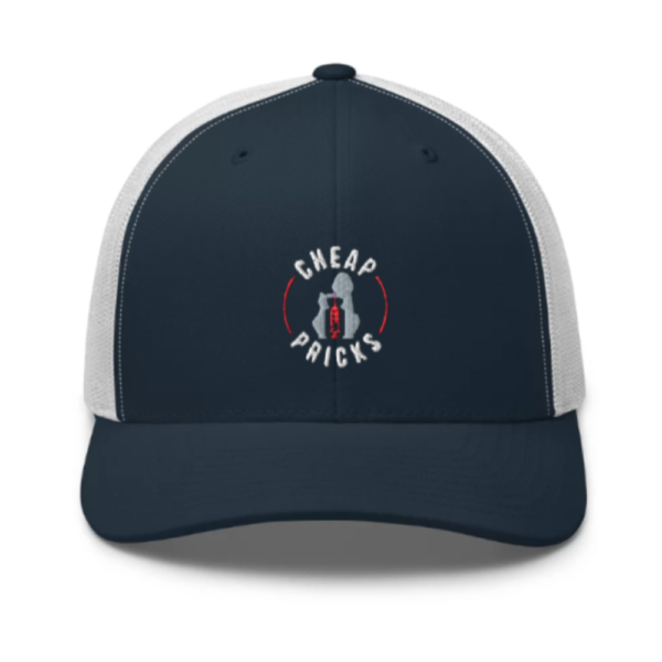 Navy hat with Cheap Pricks logo embroidered
